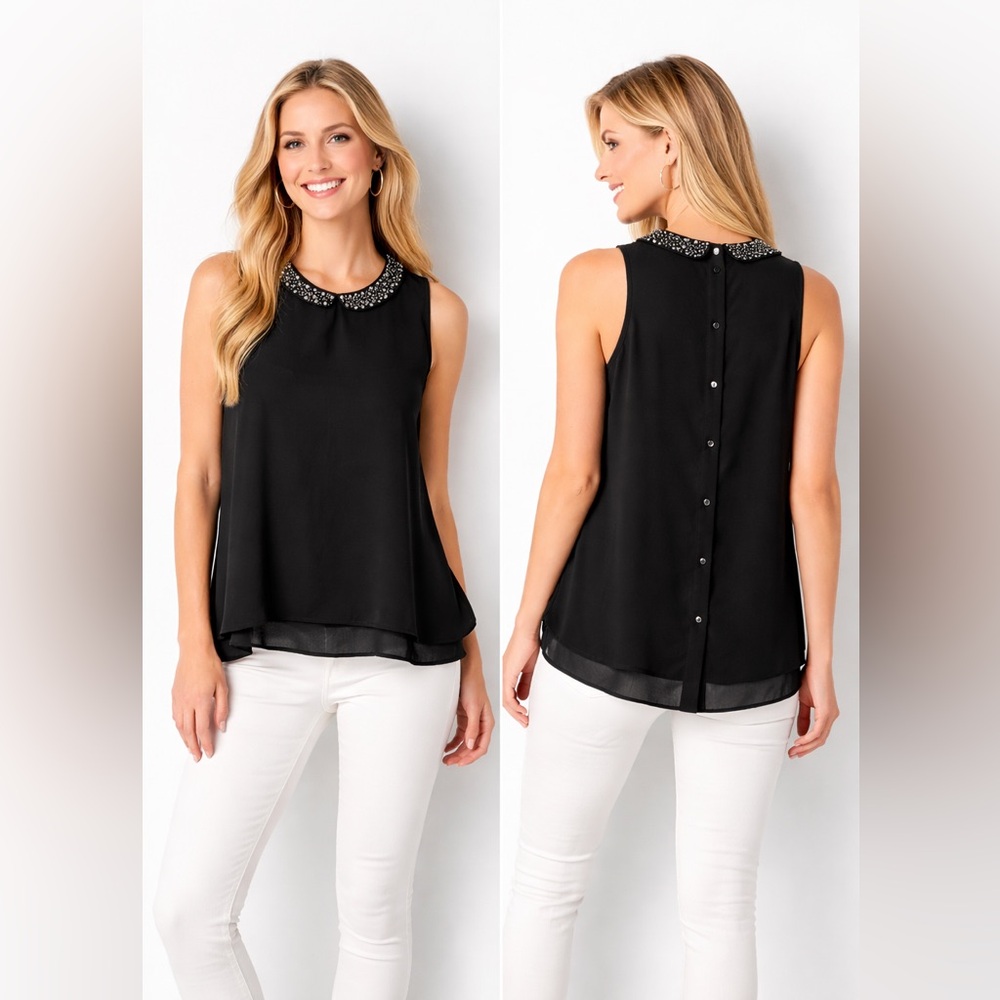 Attention Black Embellished Collar‎ Sleeveless Blouse – Size XL